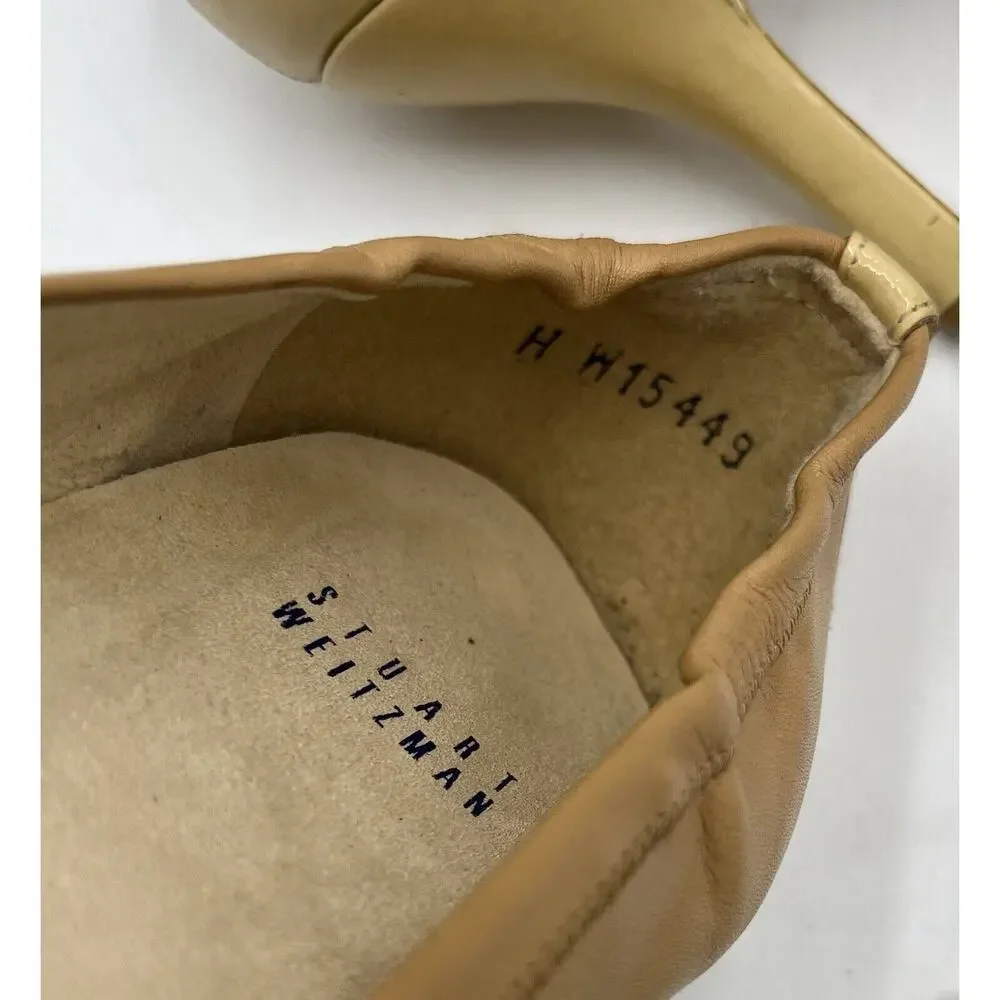Stuart Weitzman Nude Tan Leather Patent Cap Toe Classic Heel Gold‎ Accent Sz 9.5